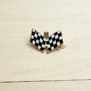 Vintage Silver Tone Metal Auto Race Checkered Flag Brooch Pin Made in Hong Kong